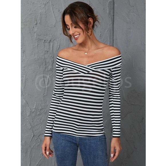 Black & White Striped Off Shoulder Long Sleeve Tee Shirt Top Slim Fit - Picture 9 of 13